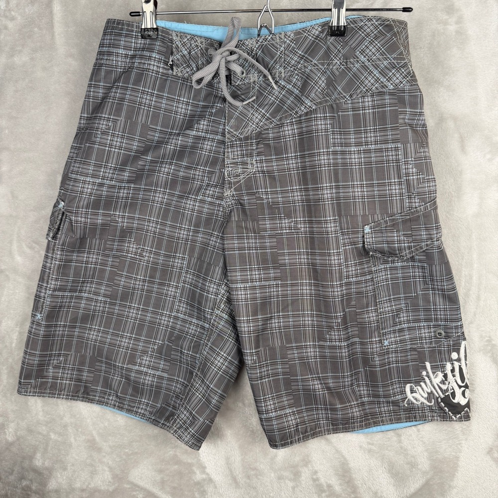 vintage y2k Quiksilver Mens‎ Plaid Board Shorts Grey Blue Cargo Pocket Size 34